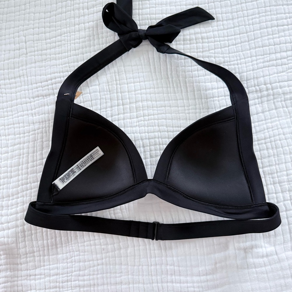 NWT Victoria Secret PINK black triangle halter bikini swim top size Large - Picture 3 of 10